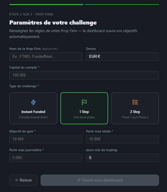 Configuration d'un challenge Prop Firm dans TJ Success